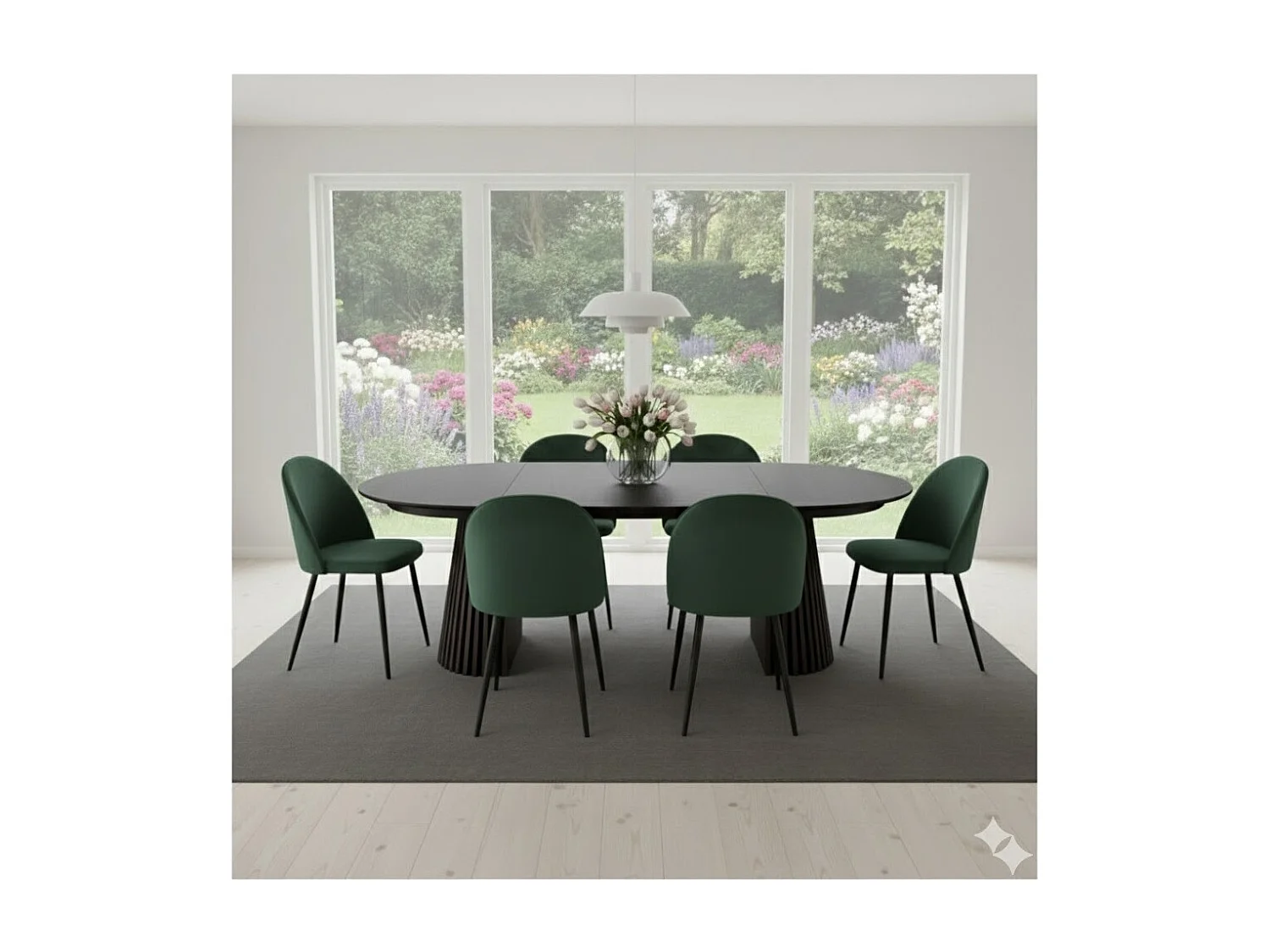 Tokyo ensemble de table à manger table à manger noir, 6 chaises en velours vert.