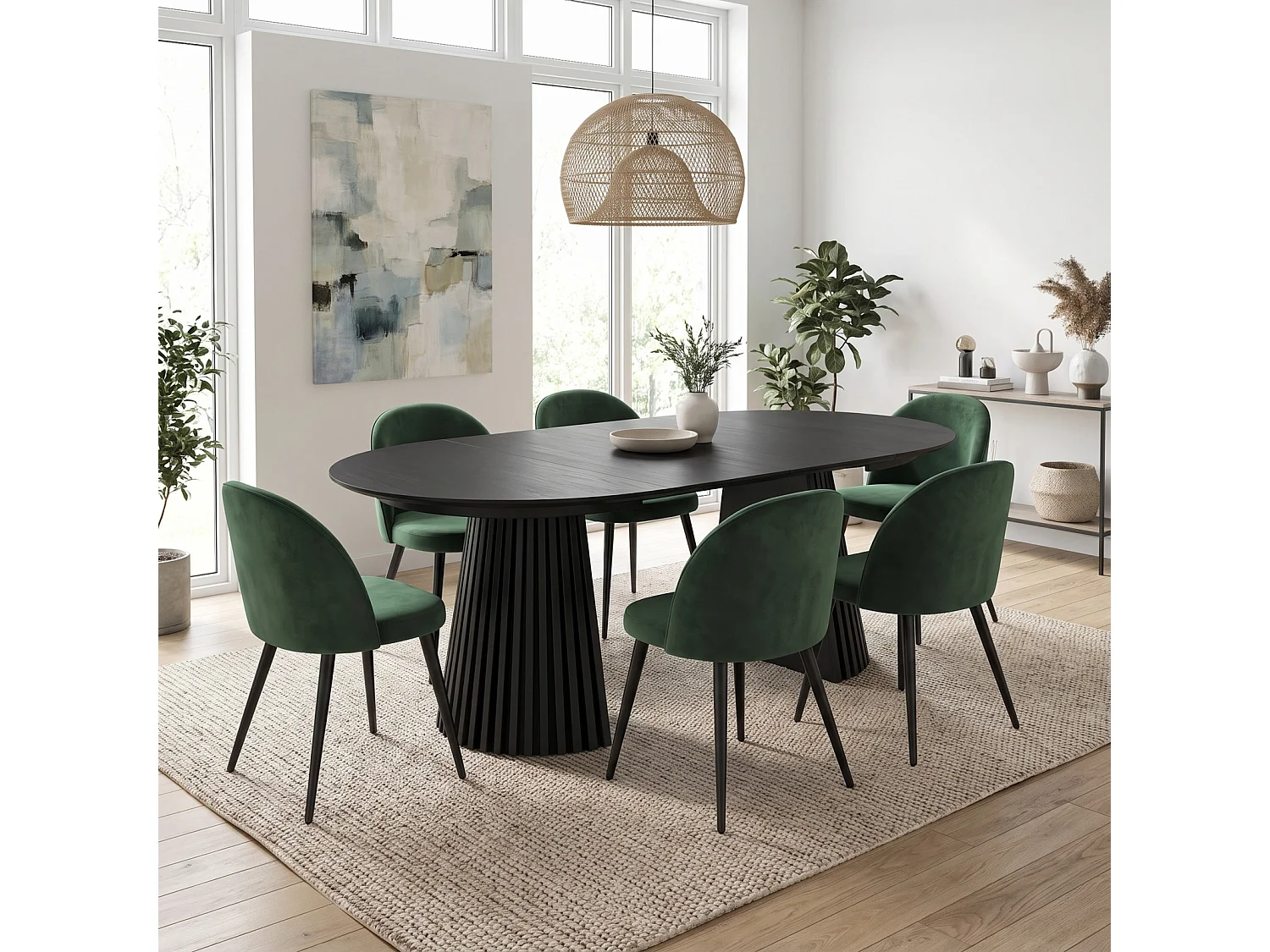Tokyo ensemble de table à manger table à manger noir, 6 chaises en velours vert.