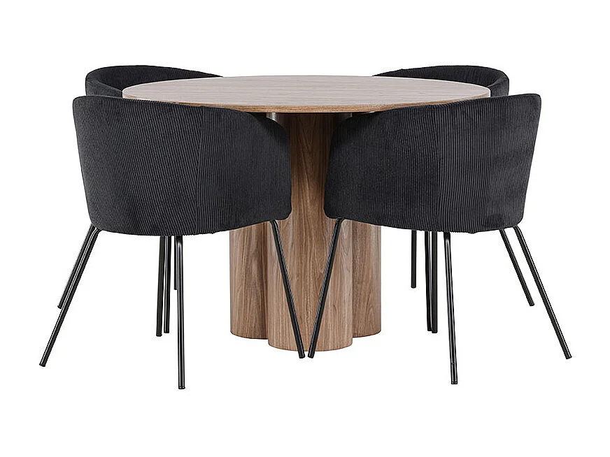 Olivia ensemble pour salle à manger table Ø110cm et 4 chaises velours avec accoudoirs brun.