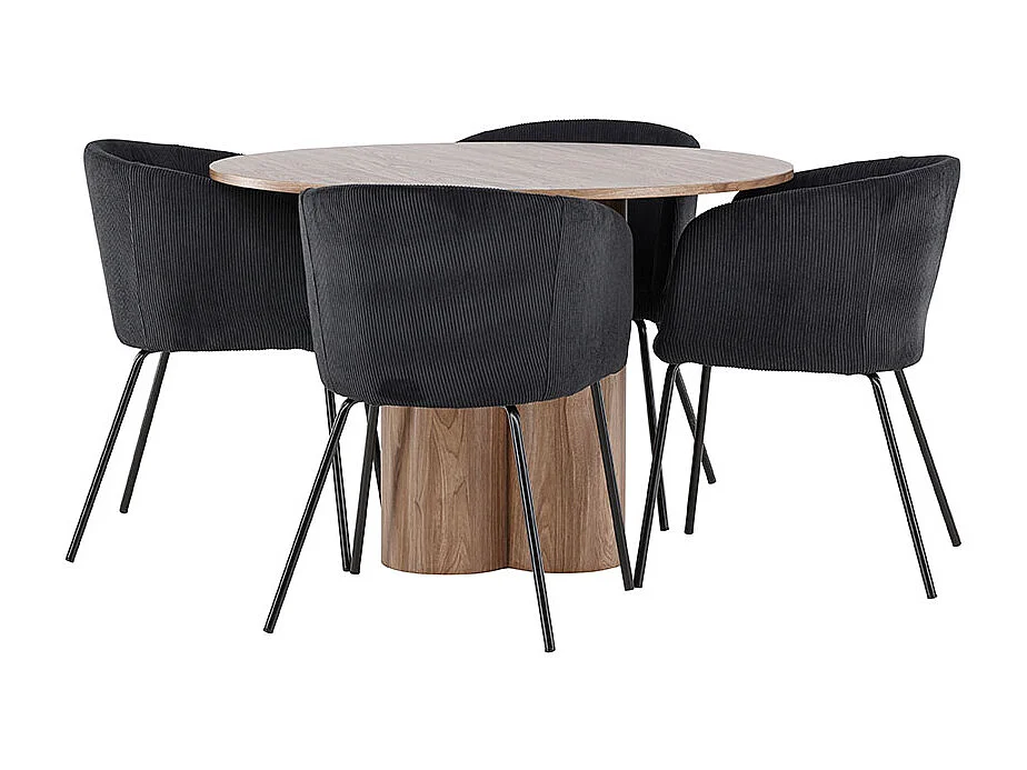 Olivia ensemble pour salle à manger table Ø110cm et 4 chaises velours avec accoudoirs brun.