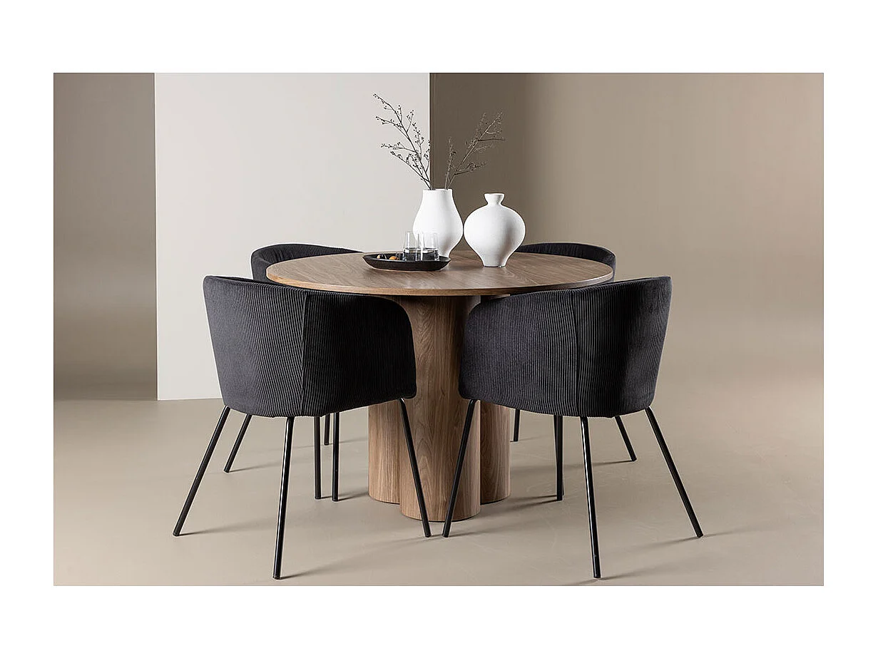 Olivia ensemble pour salle à manger table Ø110cm et 4 chaises velours avec accoudoirs brun.