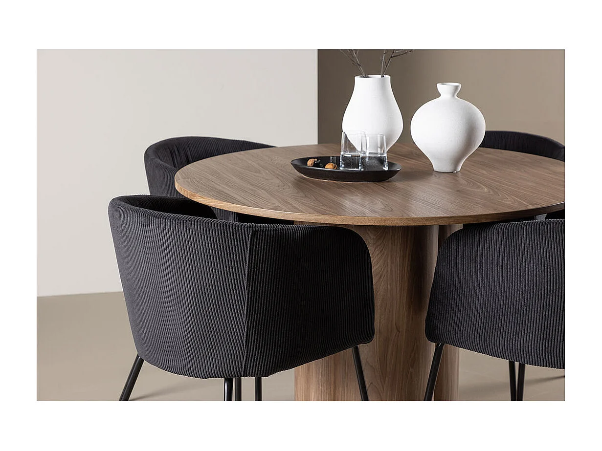 Olivia ensemble pour salle à manger table Ø110cm et 4 chaises velours avec accoudoirs brun.