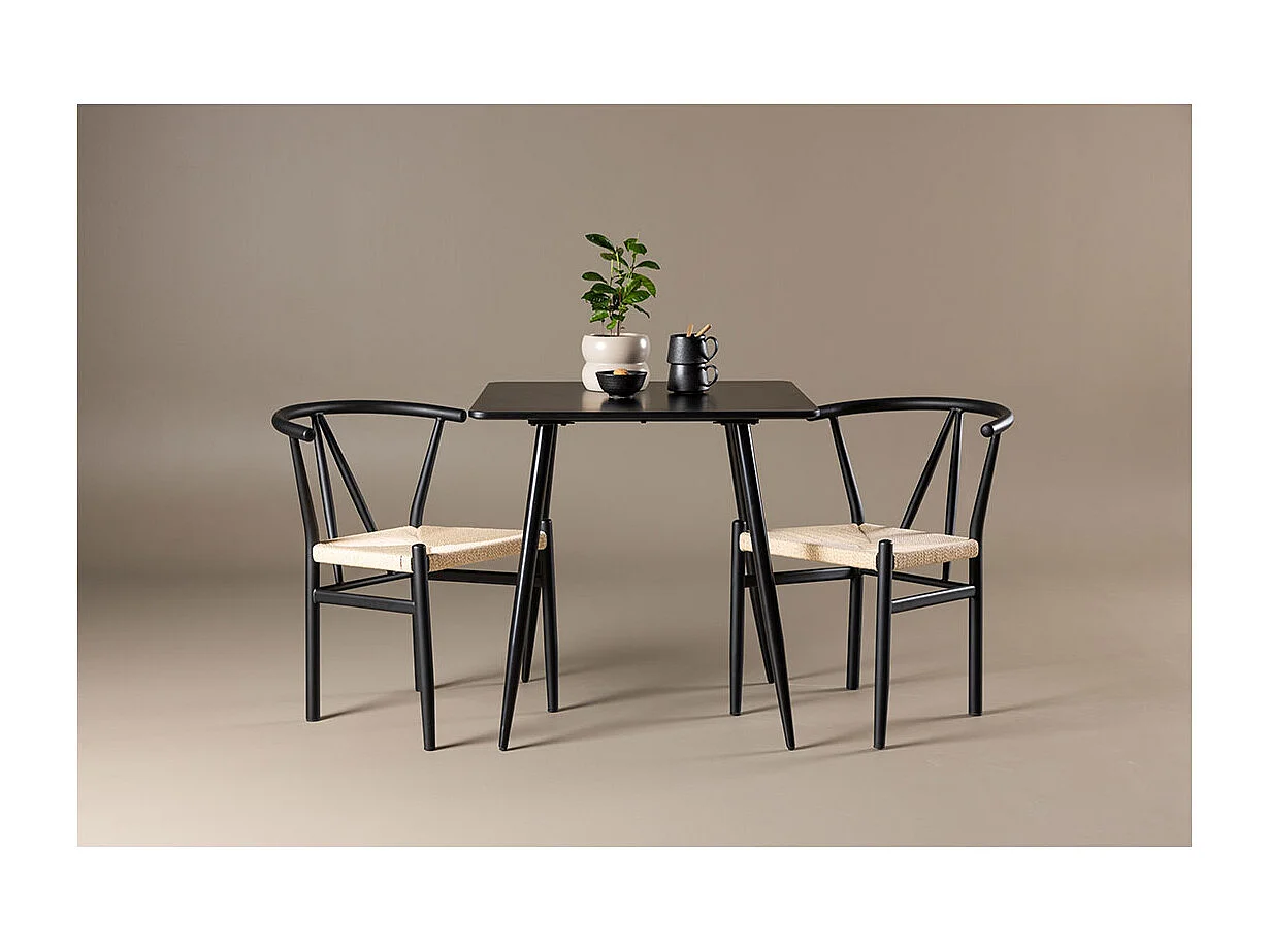 Polar ensemble pour salle à manger table 75x75cm et 2 chaises avec accoudoirs empilables noir.