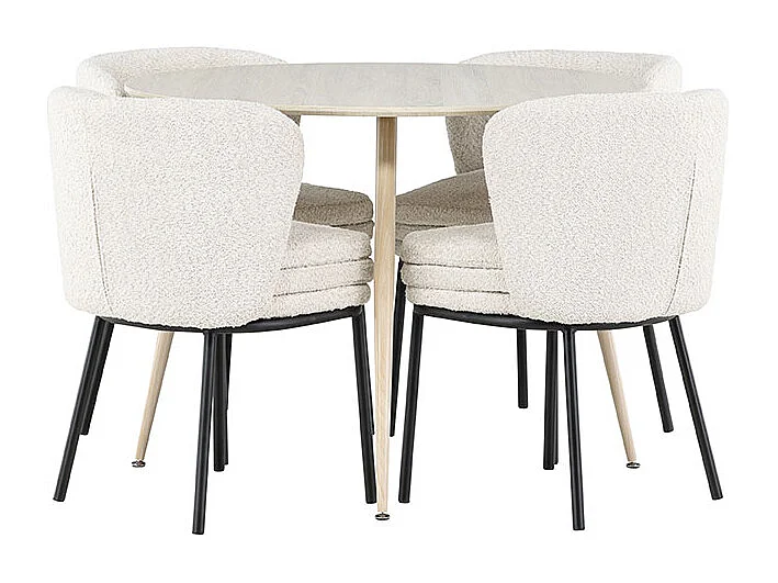 Plaza ensemble pour salle à manger table Ø100cm et 4 chaises bouclé whitewash.