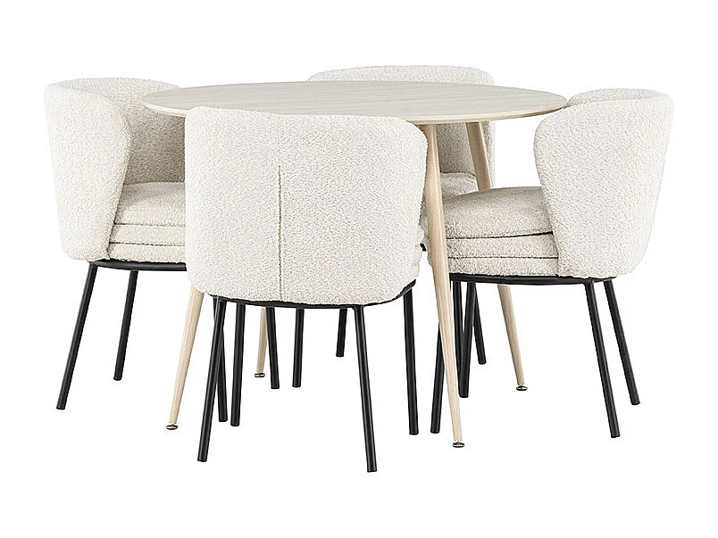 Plaza ensemble pour salle à manger table Ø100cm et 4 chaises bouclé whitewash.