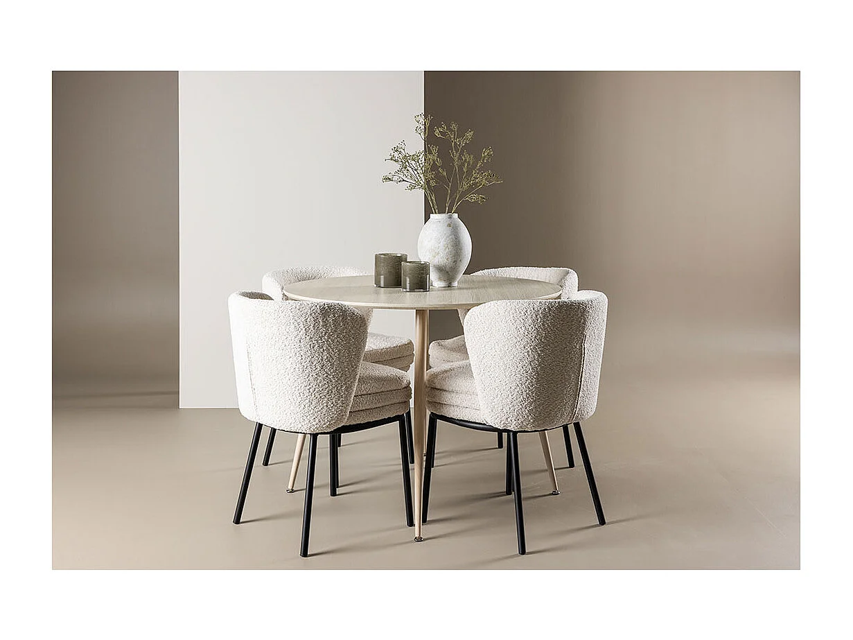 Plaza ensemble pour salle à manger table Ø100cm et 4 chaises bouclé whitewash.