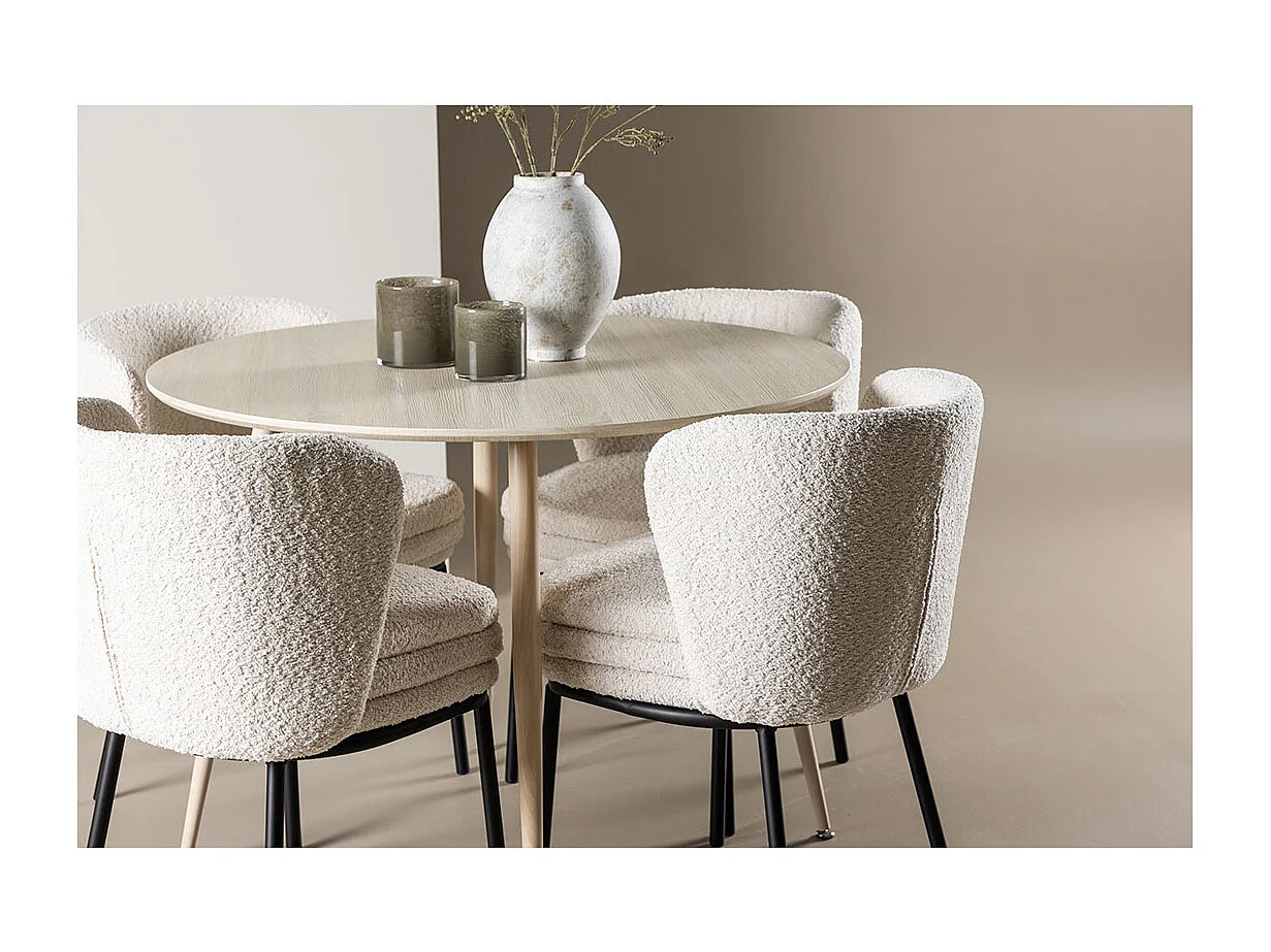 Plaza ensemble pour salle à manger table Ø100cm et 4 chaises bouclé whitewash.