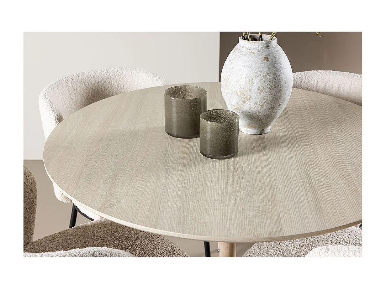 Plaza ensemble pour salle à manger table Ø100cm et 4 chaises bouclé whitewash.