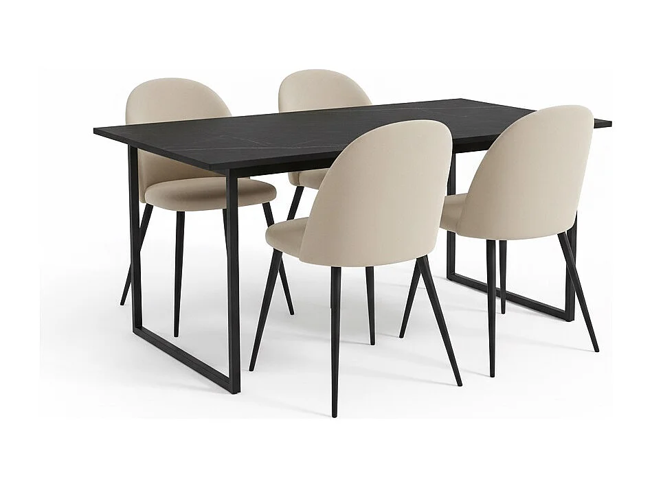 Tilst ensemble pour salle à manger table à manger impression marbre noir 90x160 4 chaises velours beige.