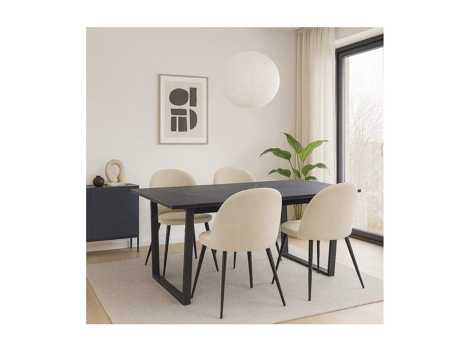 Tilst ensemble pour salle à manger table à manger impression marbre noir 90x160 4 chaises velours beige.