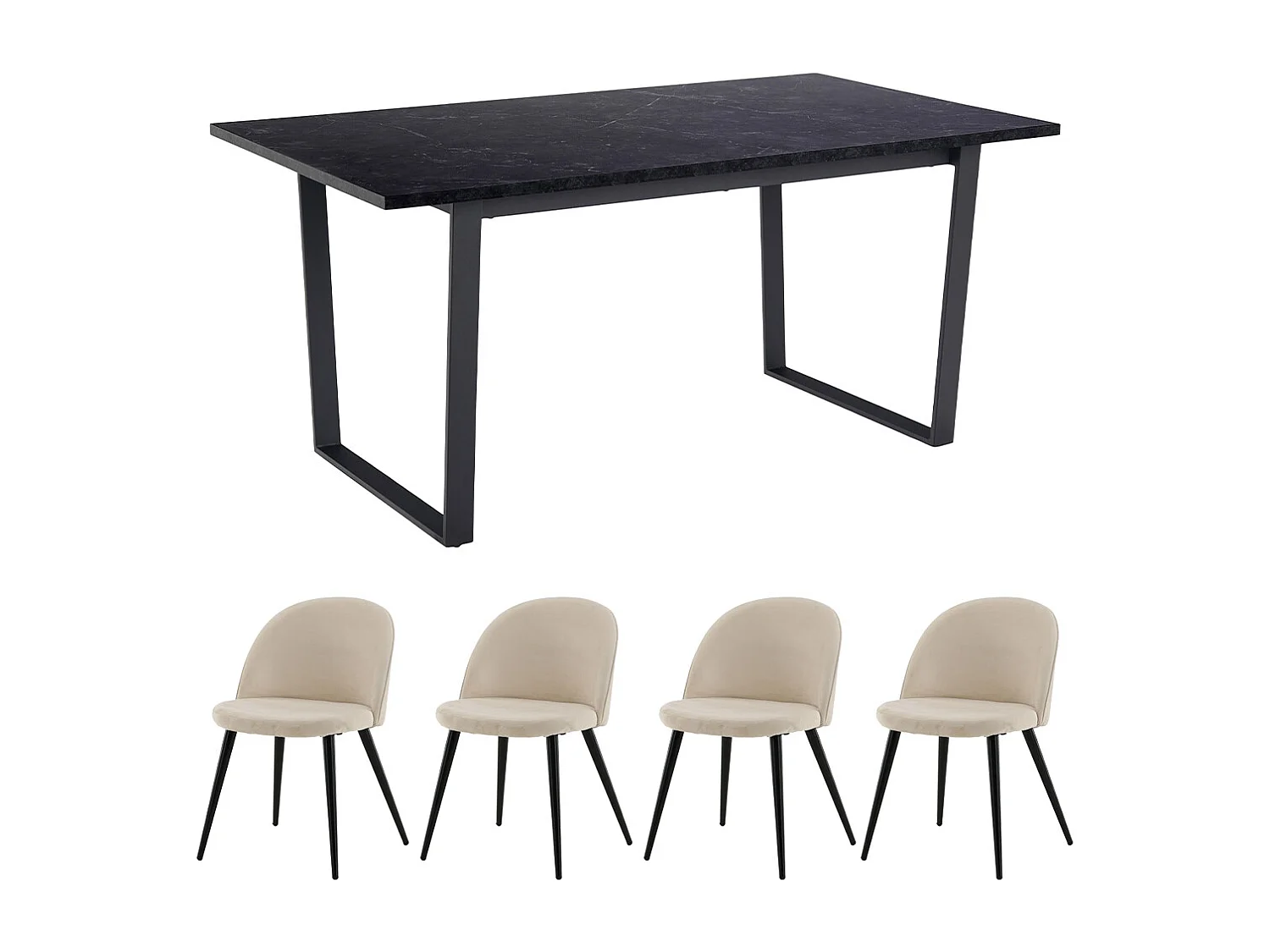 Tilst ensemble pour salle à manger table à manger impression marbre noir 90x160 4 chaises velours beige.
