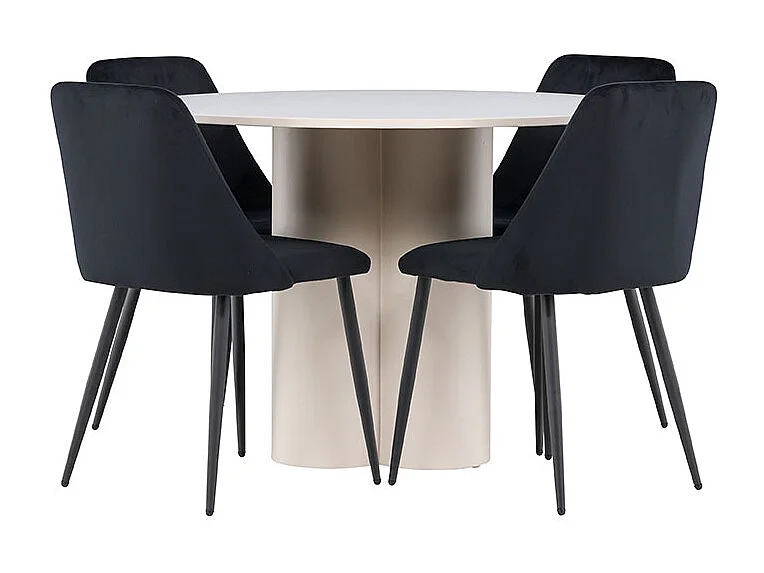 Olivia ensemble pour salle à manger table Ø110cm et 4 chaises velours beige.