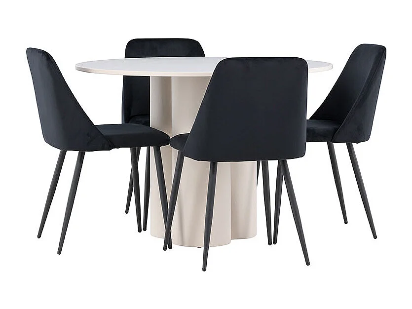 Olivia ensemble pour salle à manger table Ø110cm et 4 chaises velours beige.