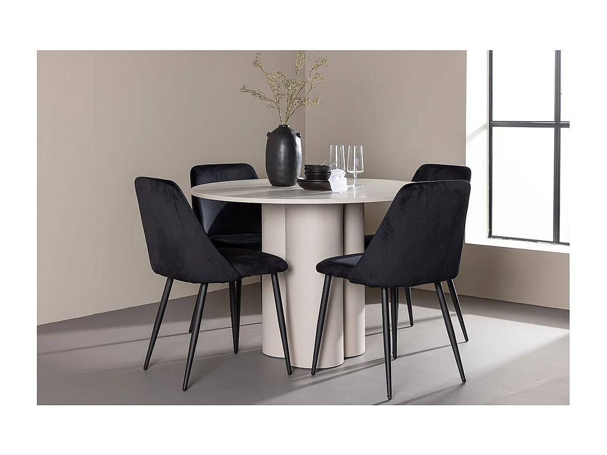 Olivia ensemble pour salle à manger table Ø110cm et 4 chaises velours beige.