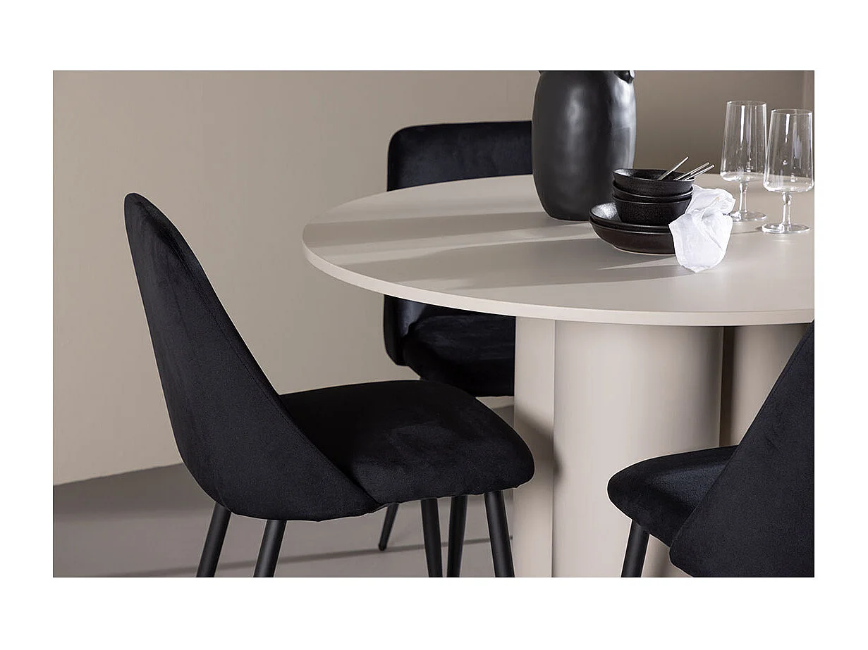 Olivia ensemble pour salle à manger table Ø110cm et 4 chaises velours beige.