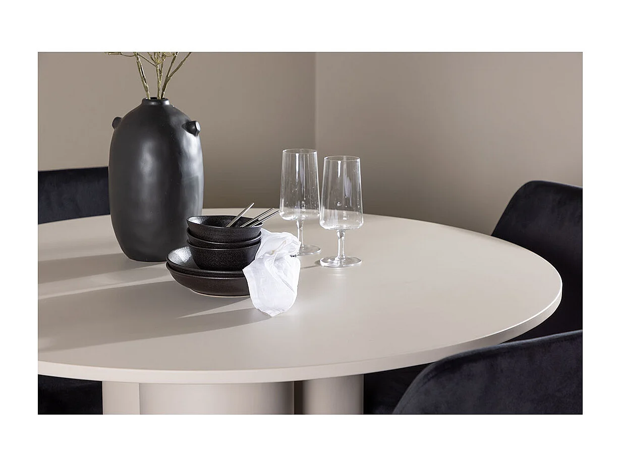Olivia ensemble pour salle à manger table Ø110cm et 4 chaises velours beige.