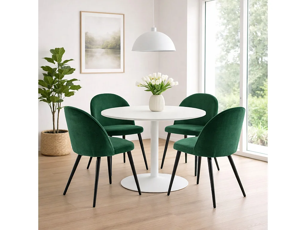 Carry ensemble pour salle à manger table Ø110cm, 4 chaises velours vert.