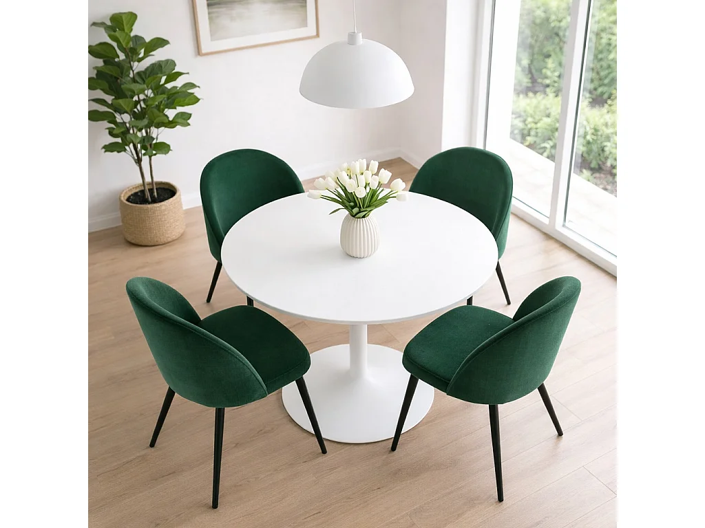Carry ensemble pour salle à manger table Ø110cm, 4 chaises velours vert.