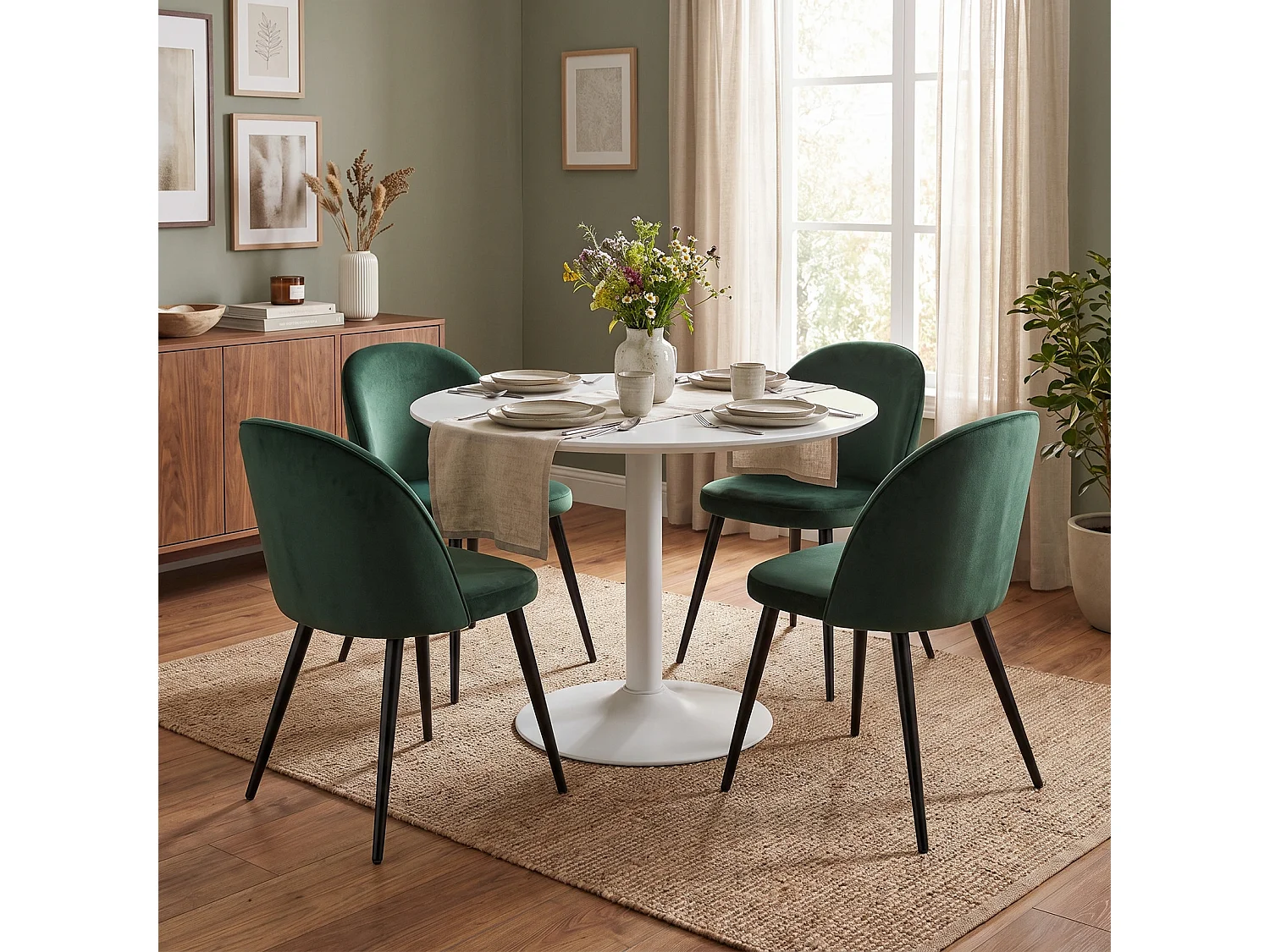 Carry eethoek tafel Ø110cm, 4 stoelen velours groen.