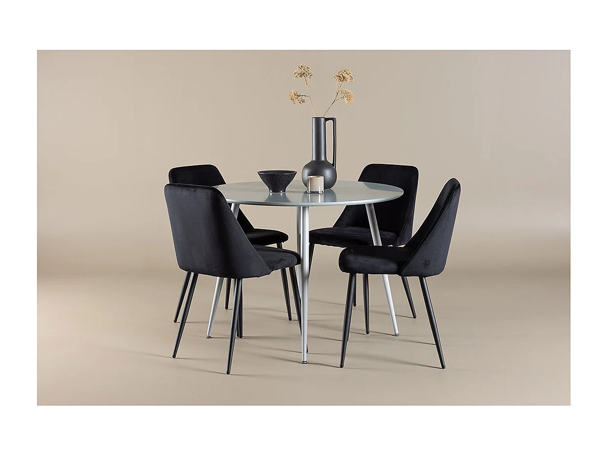 Plaza ensemble pour salle à manger table Ø100cm et 4 chaises velours gris.