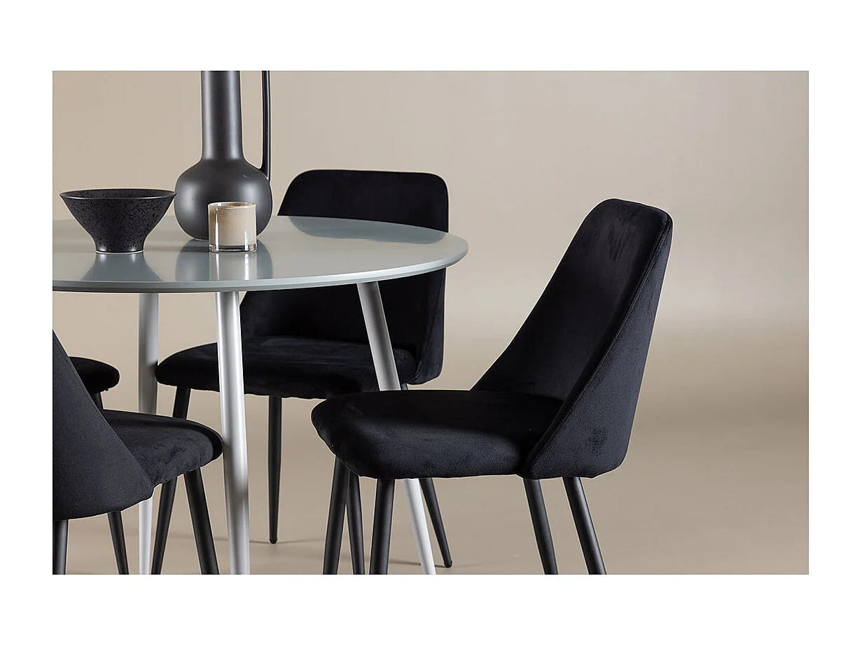 Plaza ensemble pour salle à manger table Ø100cm et 4 chaises velours gris.