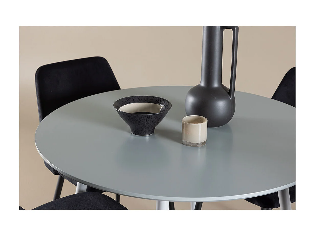 Plaza ensemble pour salle à manger table Ø100cm et 4 chaises velours gris.