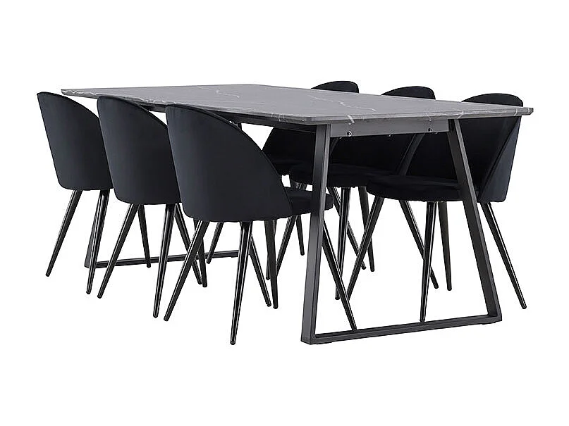 Malaga ensemble pour salle à manger table de salle à manger 90x200cm gris foncé et 6 Skagen chaise velours noir.