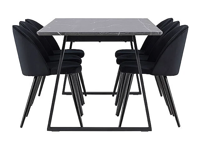 Malaga ensemble pour salle à manger table de salle à manger 90x200cm gris foncé et 6 Skagen chaise velours noir.