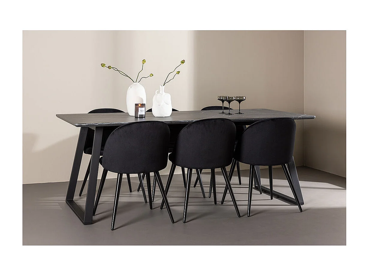 Malaga ensemble pour salle à manger table de salle à manger 90x200cm gris foncé et 6 Skagen chaise velours noir.
