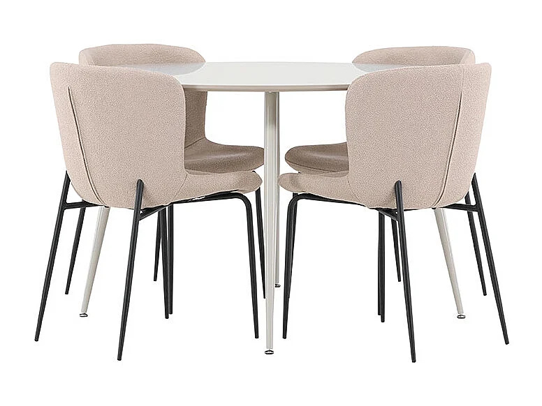 Plaza ensemble pour salle à manger table Ø120cm et 4 chaises bouclé beige.