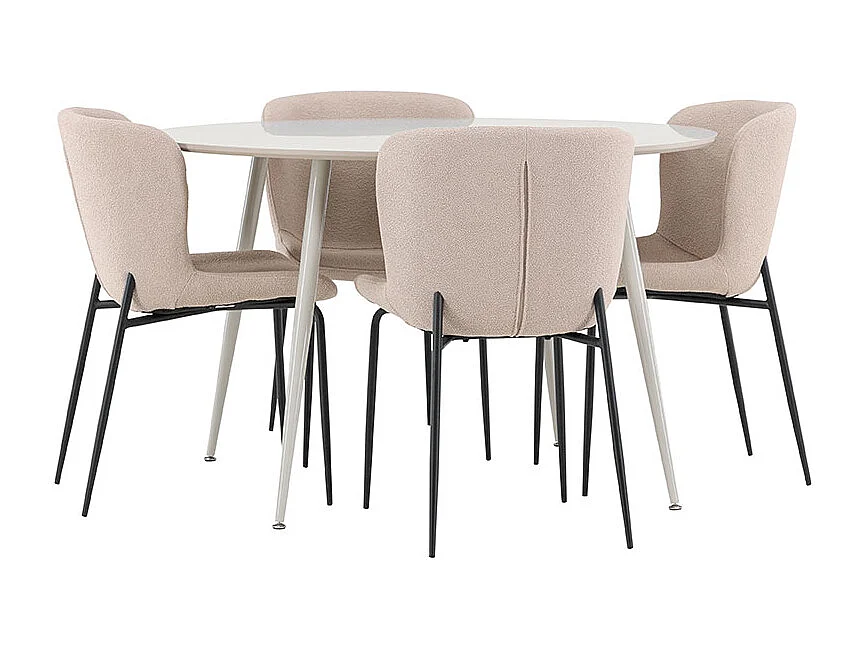 Plaza ensemble pour salle à manger table Ø120cm et 4 chaises bouclé beige.