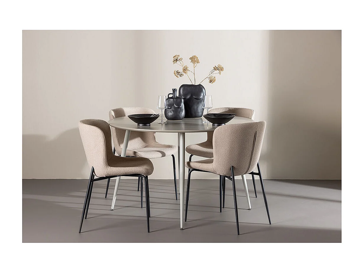Plaza ensemble pour salle à manger table Ø120cm et 4 chaises bouclé beige.