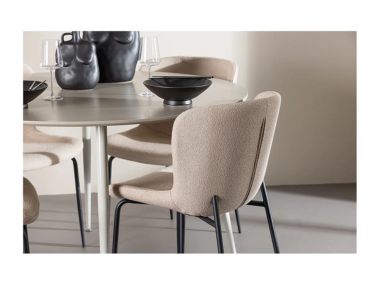 Plaza ensemble pour salle à manger table Ø120cm et 4 chaises bouclé beige.