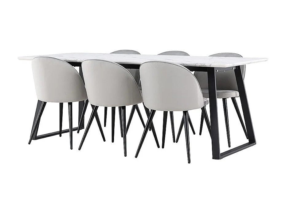Malaga eethoek eetkamertafel 90x200cm wit en 6 Skagen stoel velours grijs.