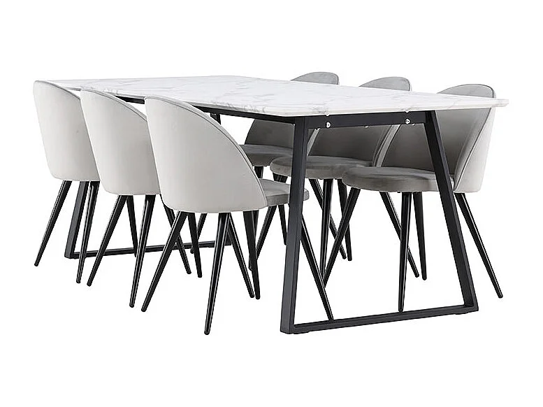 Malaga eethoek eetkamertafel 90x200cm wit en 6 Skagen stoel velours grijs.
