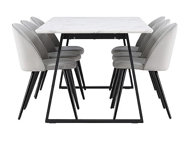 Malaga eethoek eetkamertafel 90x200cm wit en 6 Skagen stoel velours grijs.