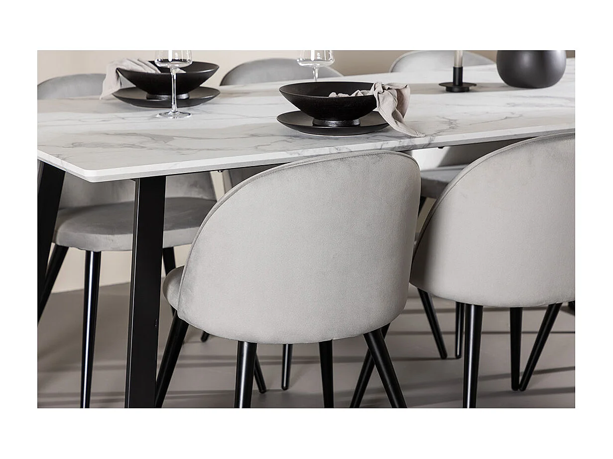 Malaga eethoek eetkamertafel 90x200cm wit en 6 Skagen stoel velours grijs.
