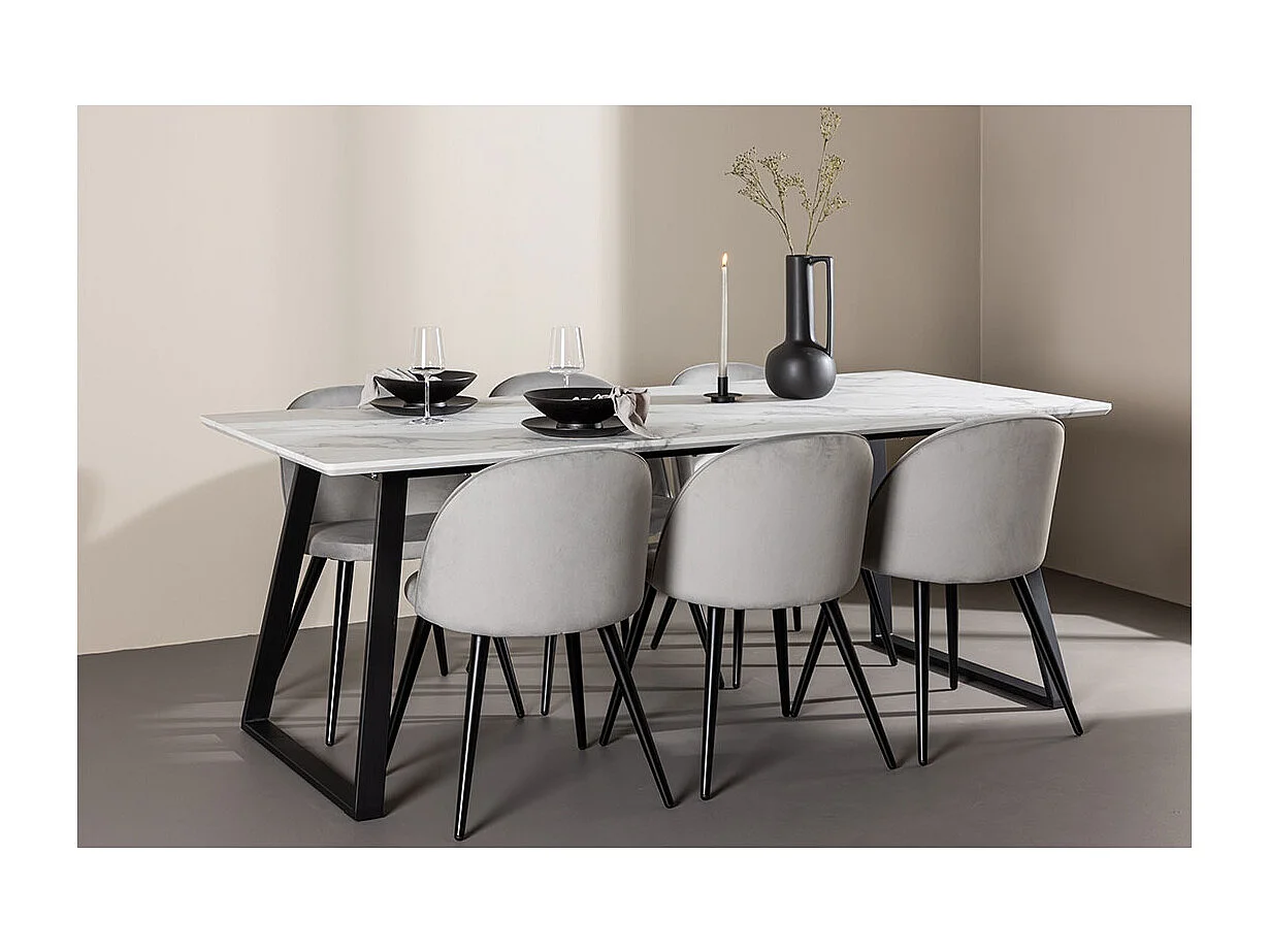 Malaga eethoek eetkamertafel 90x200cm wit en 6 Skagen stoel velours grijs.