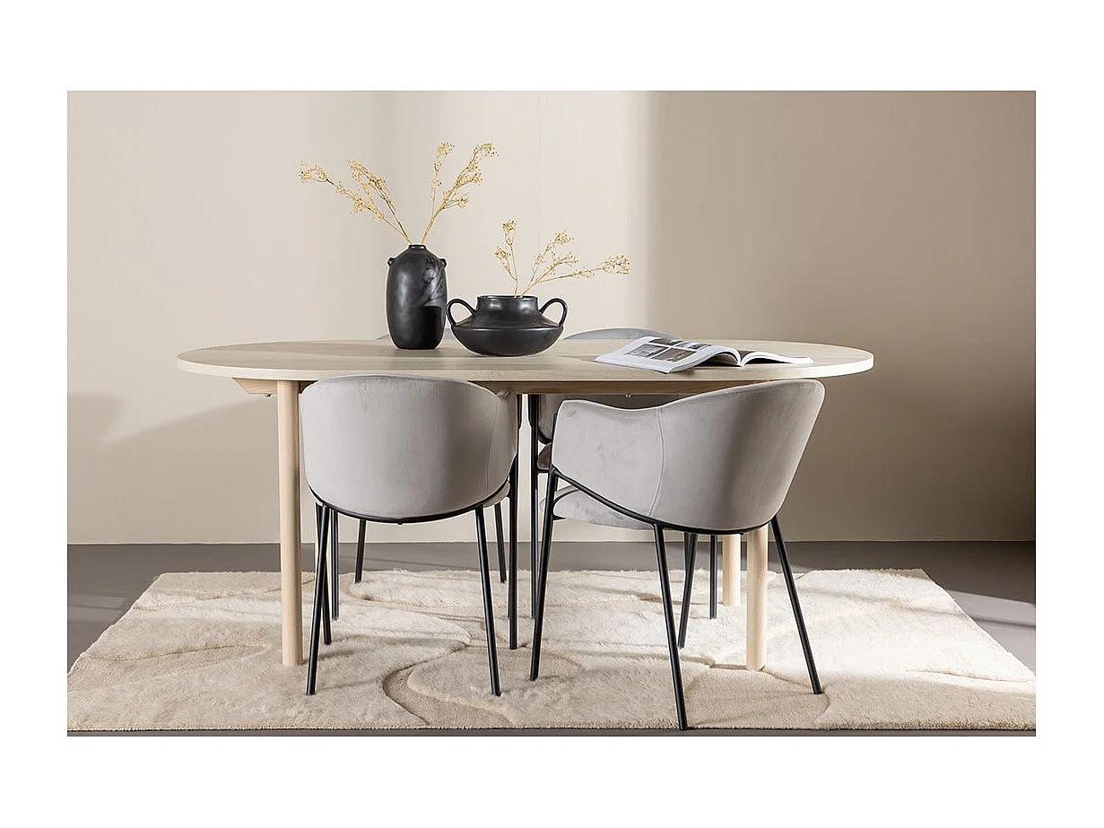 Andy ensemble pour salle à manger table 90x180cm et 4 chaises velours avec accoudoirs whitewash.