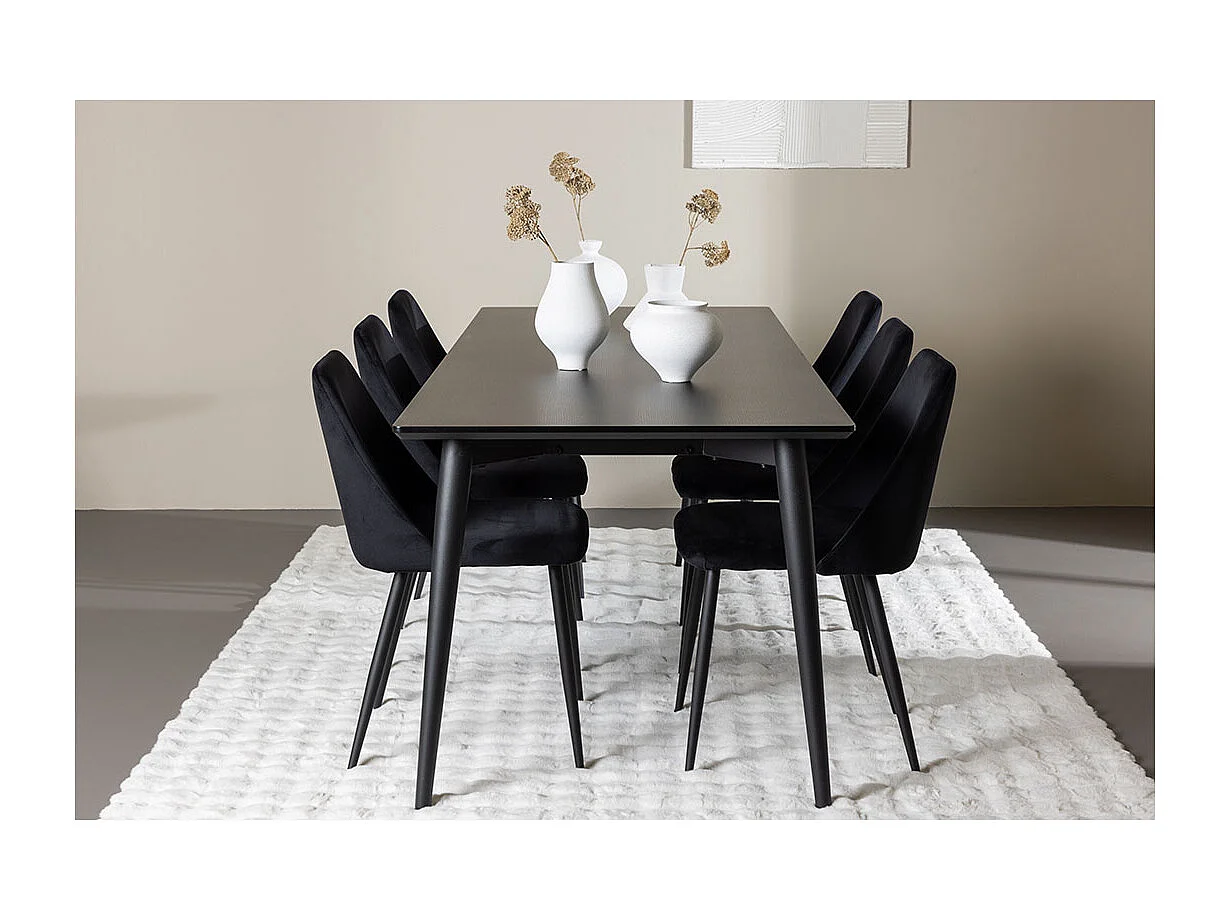 Ellis ensemble pour salle à manger table 85x230cm et 6 chaises velours noir.