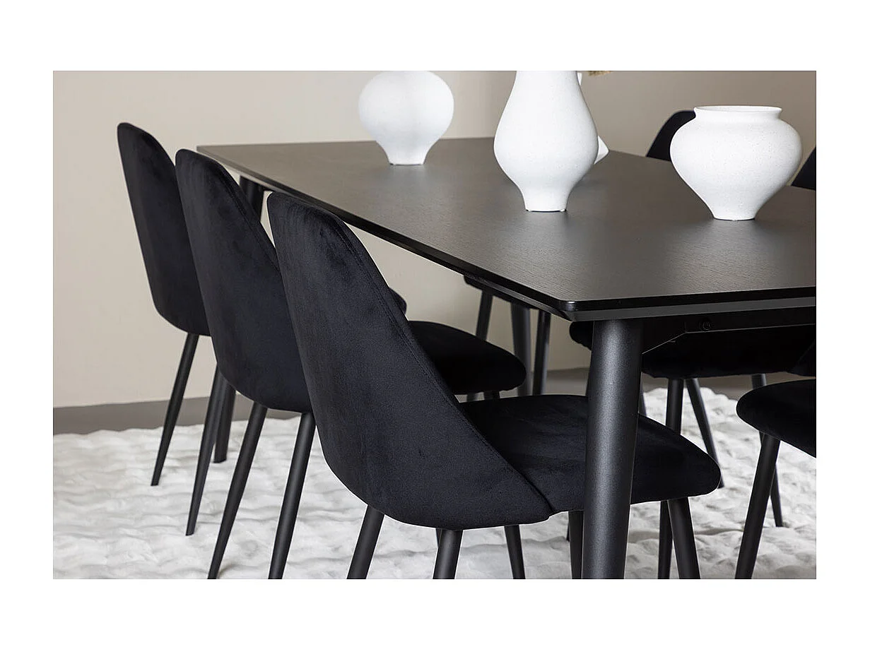 Ellis ensemble pour salle à manger table 85x230cm et 6 chaises velours noir.