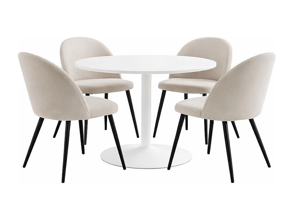 Carry ensemble pour salle à manger table Ø110cm, 4 chaises velours beige.