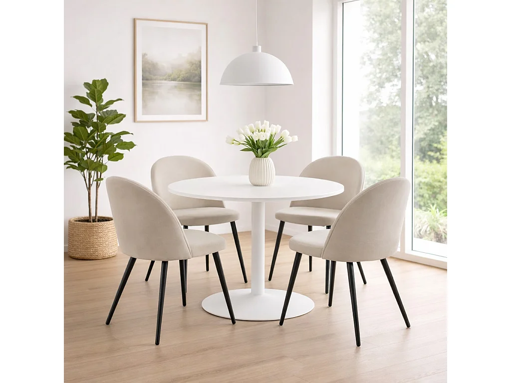 Carry ensemble pour salle à manger table Ø110cm, 4 chaises velours beige.