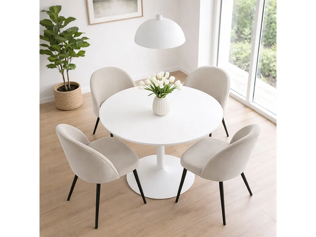 Carry ensemble pour salle à manger table Ø110cm, 4 chaises velours beige.