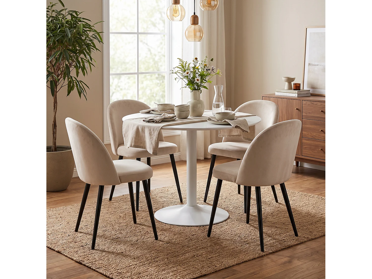 Carry eethoek tafel Ø110cm, 4 stoelen velours beige.
