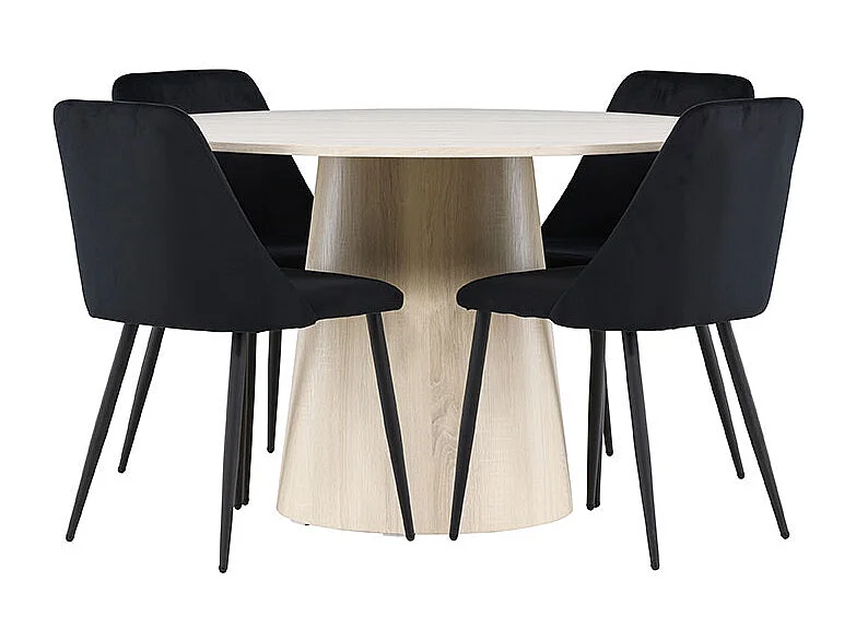 Lanzo ensemble pour salle à manger table Ø120cm et 4 chaises velours whitewash.