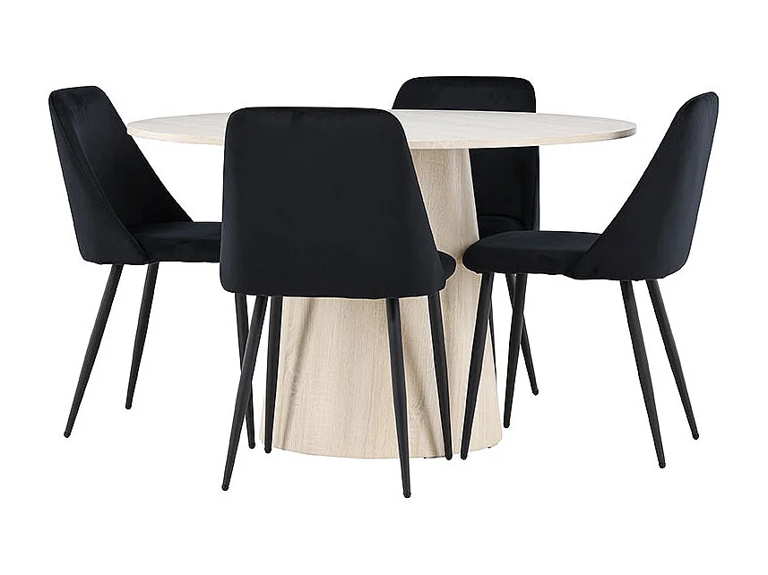 Lanzo ensemble pour salle à manger table Ø120cm et 4 chaises velours whitewash.