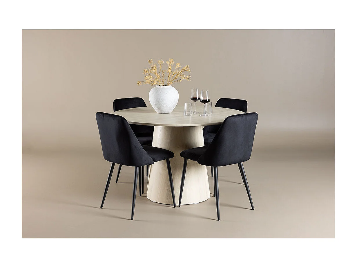 Lanzo ensemble pour salle à manger table Ø120cm et 4 chaises velours whitewash.
