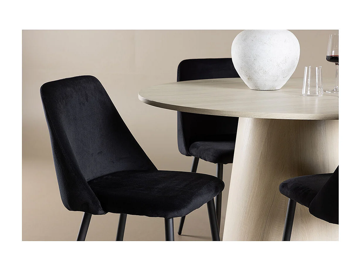 Lanzo ensemble pour salle à manger table Ø120cm et 4 chaises velours whitewash.