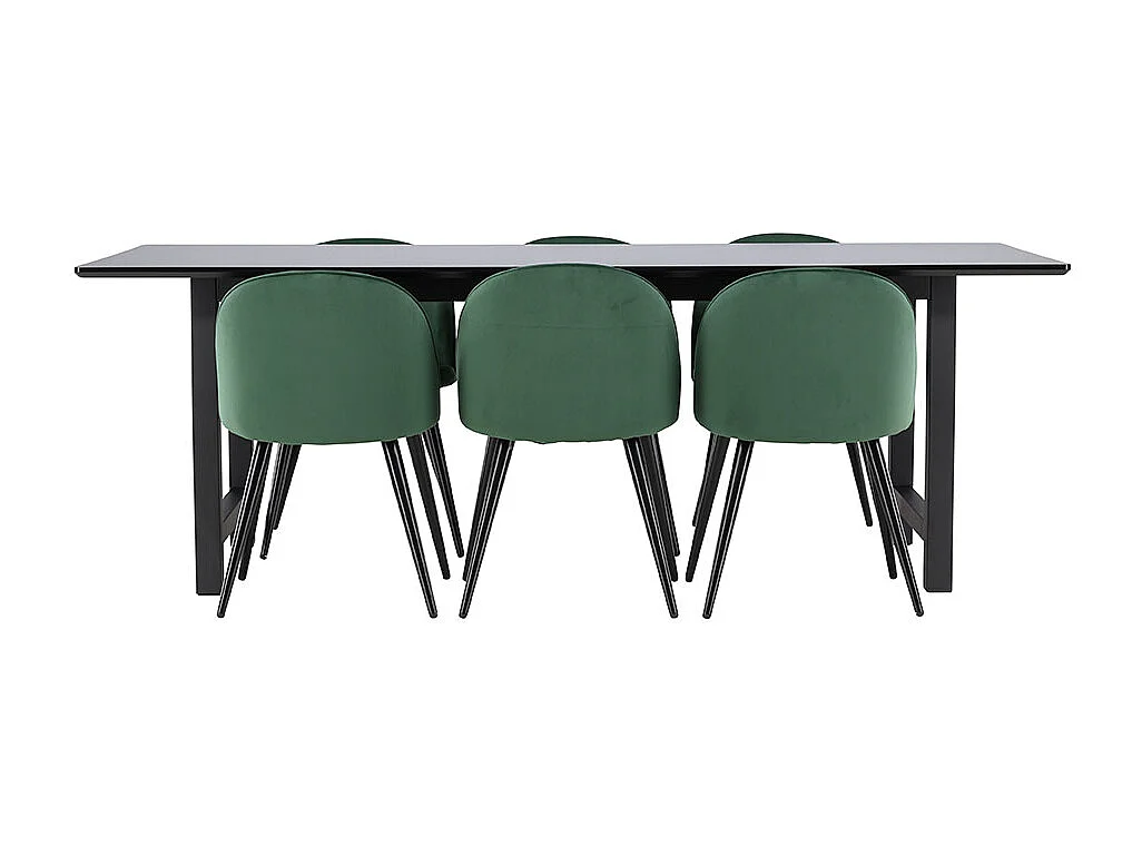Oslo ensemble pour salle à manger table de salle à manger 100x220cm noir et 6 Skagen chaise velours vert.